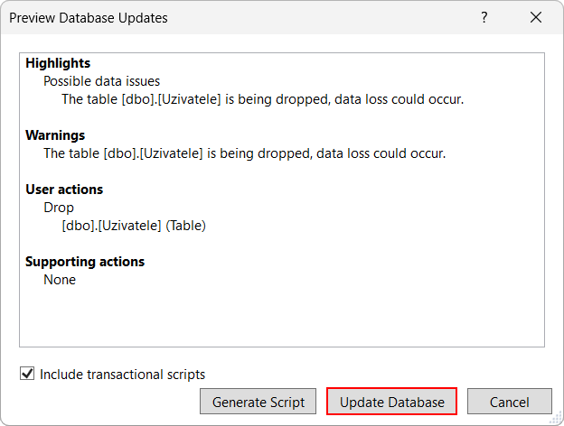 Dialog pro potvrzení smazání - MS-SQL databáze krok za krokem