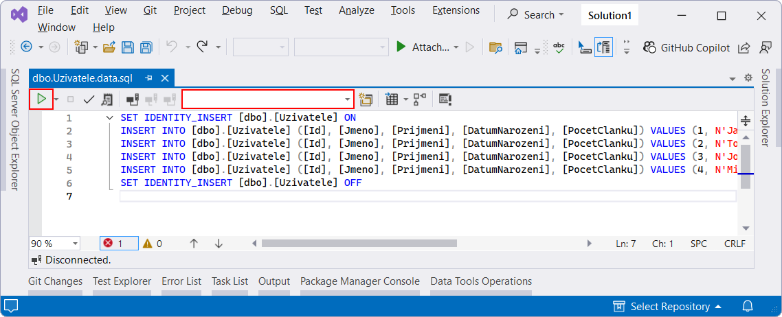 Tlačítko Execute - MS-SQL databáze krok za krokem