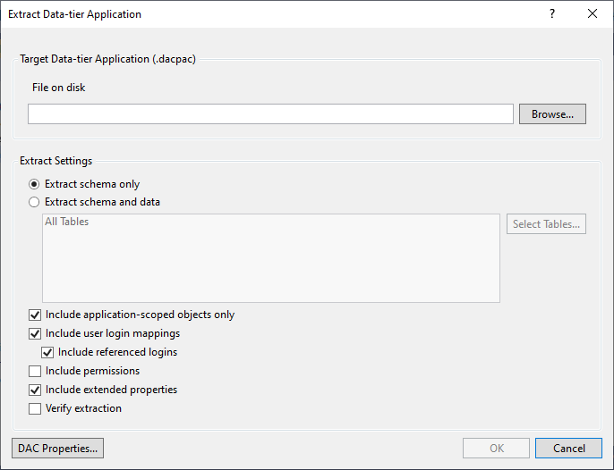 Extract Data-tier Application dialog - MS-SQL databáze krok za krokem