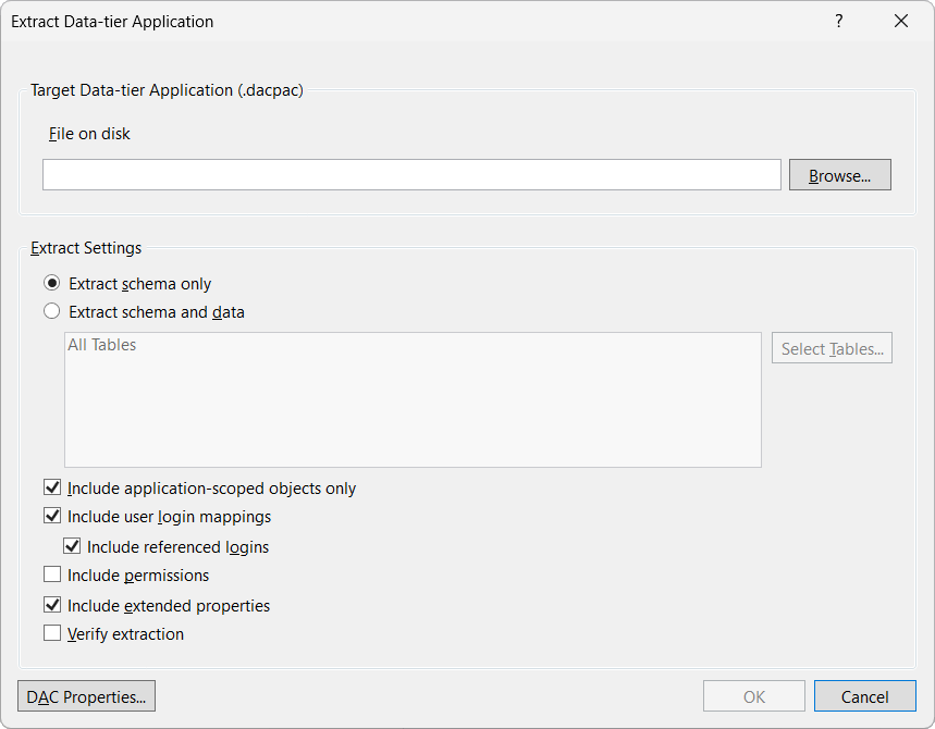 Extract Data-tier Application dialog - MS-SQL databáze krok za krokem
