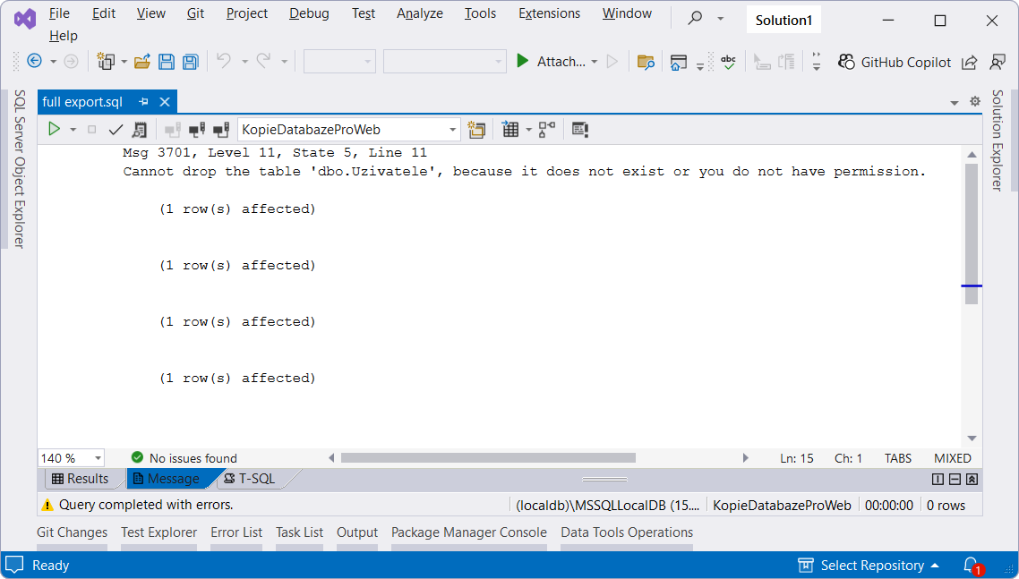 Zpráva po vykonání skriptu - MS-SQL databáze krok za krokem