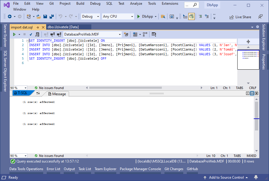 Zpráva po importu dat - MS-SQL databáze krok za krokem