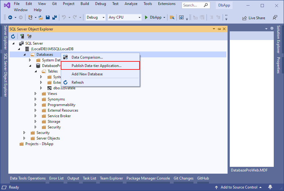Publish Data-tier Application - MS-SQL databáze krok za krokem
