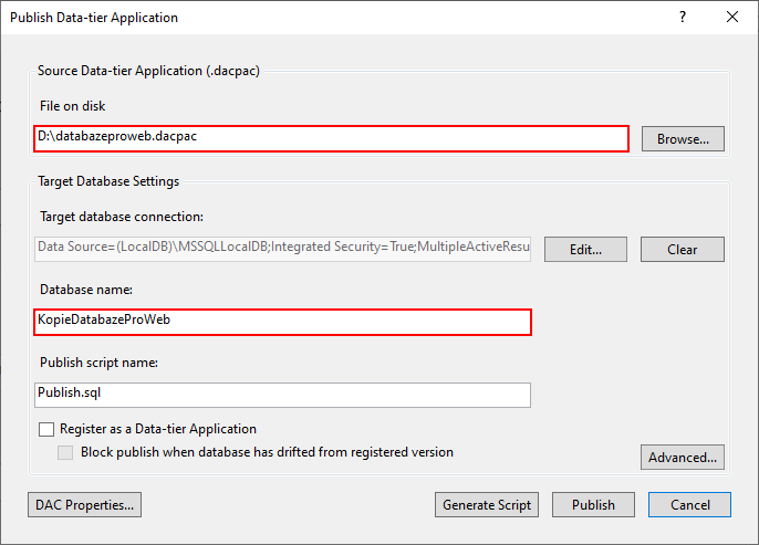 Publish Data-tier Application dialog - MS-SQL databáze krok za krokem