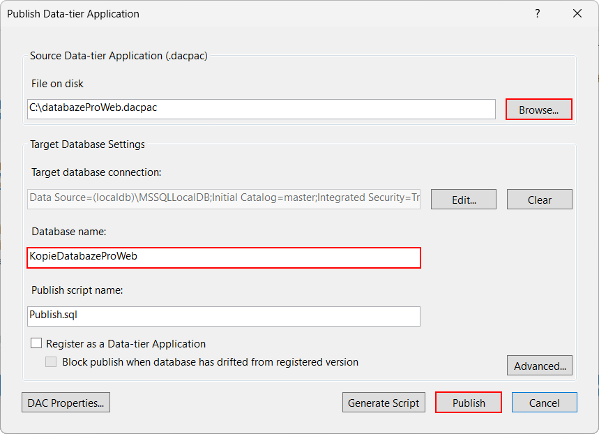 Publish Data-tier Application dialog - MS-SQL databáze krok za krokem