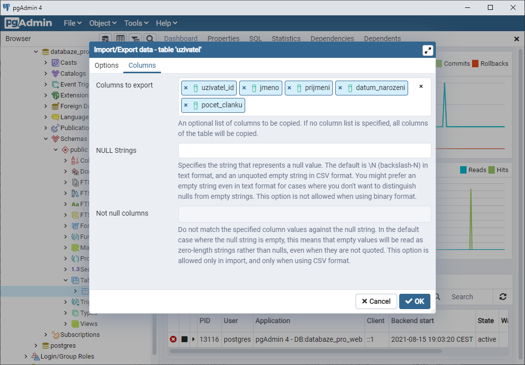 Export dialog – záložka Columns - PostgreSQL databáze krok za krokem