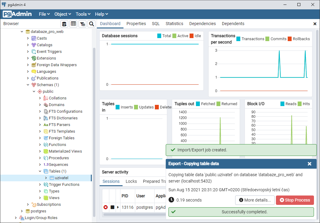 Export completed - PostgreSQL databáze krok za krokem