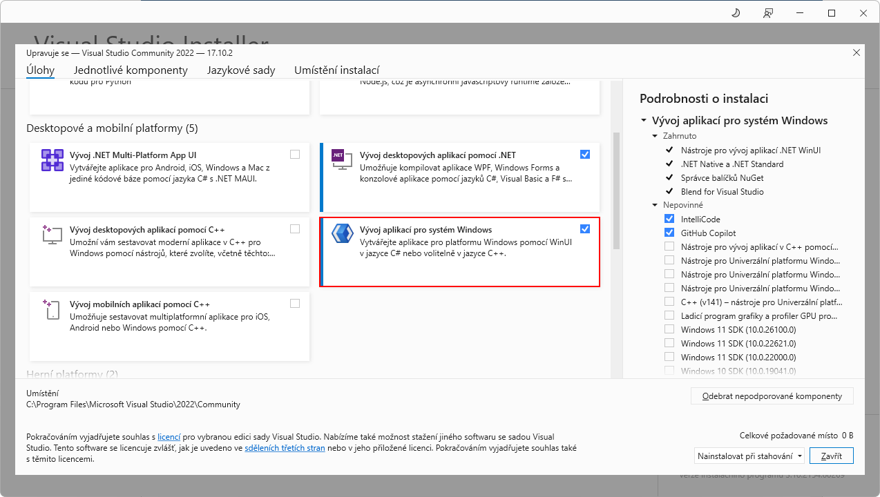 Sady ve Visual Studio Installer - WinUI 3 - Okenní aplikace v C# .NET