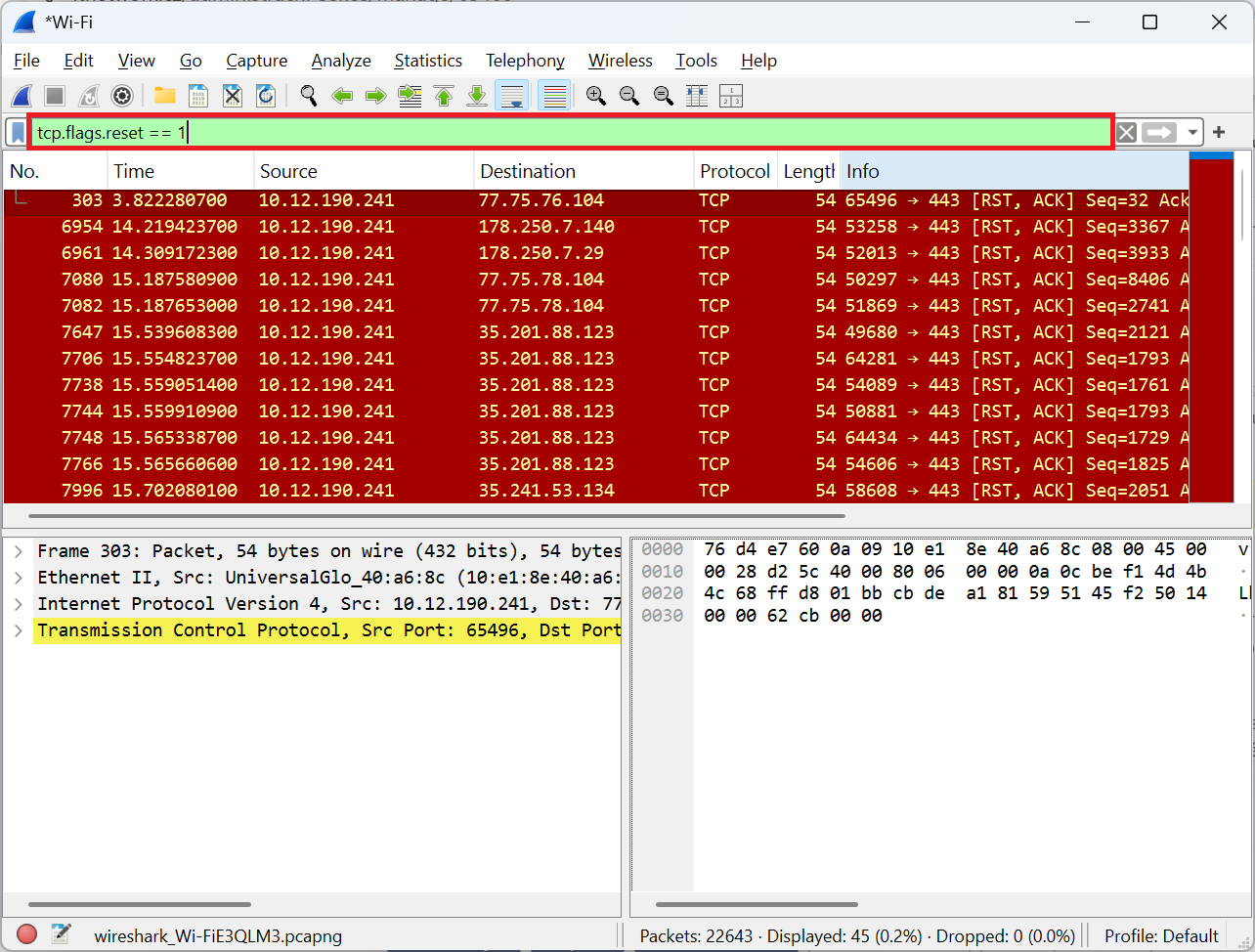 Wireshark pakety s příznakem RST - Provoz počítačových sítí