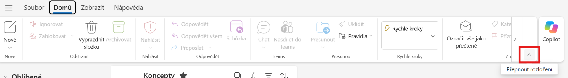 Outlook New – tlačítko pro přepnutí rozložení pásu karet - Microsoft Outlook