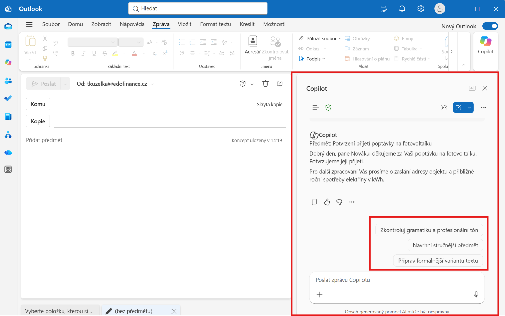 Outlook New – Copilot generování - Microsoft Outlook
