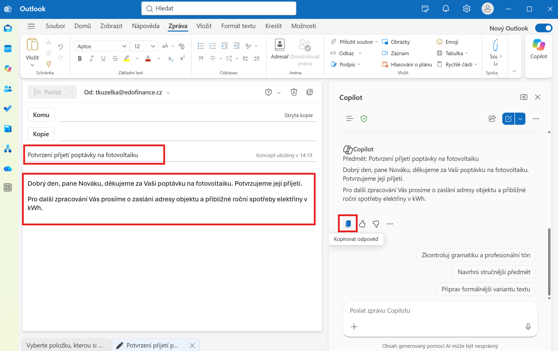 Outlook New – kopírování zprávy - Microsoft Outlook