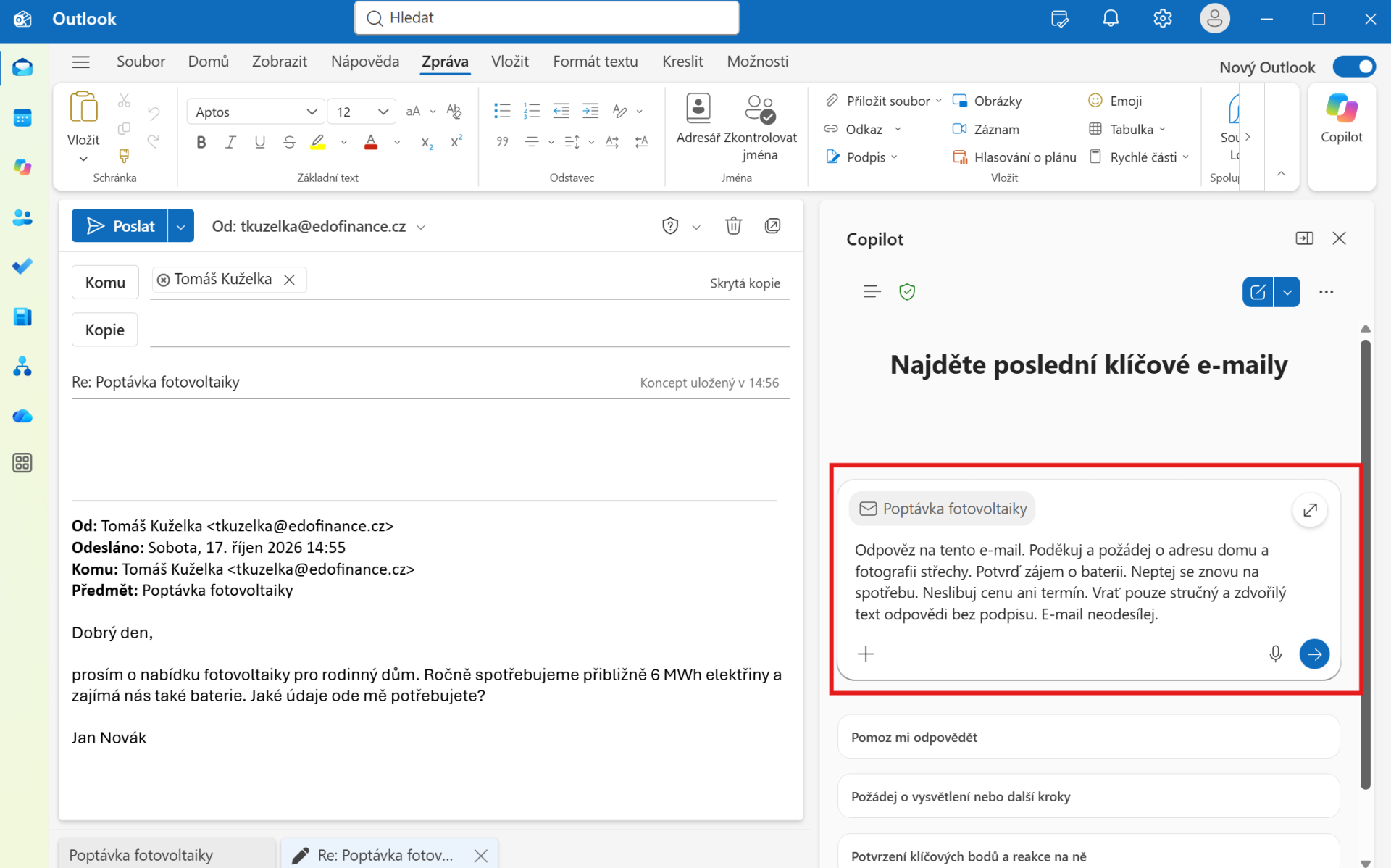 Outlook New – Copilot odpověď - Microsoft Outlook