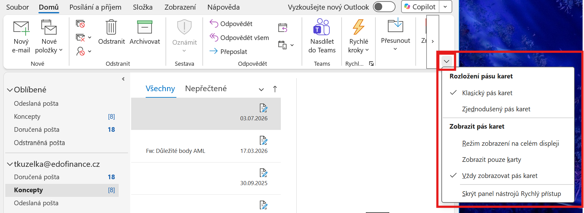 Outlook Classic – nabídka rozložení a zobrazení pásu karet - Microsoft Outlook