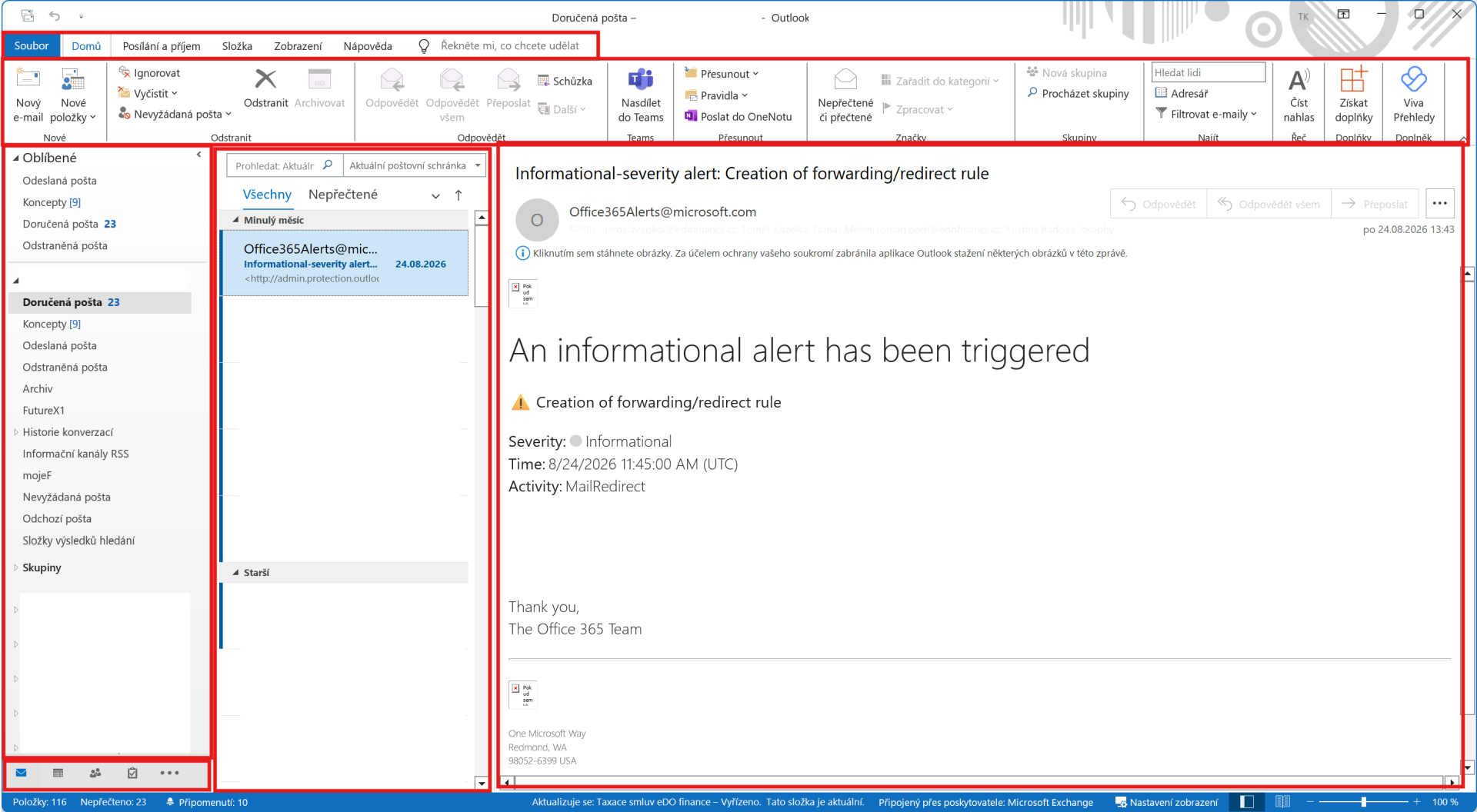 Outlook Classic – hlavní okno se zvýrazněnými ovládacími prvky - Microsoft Outlook