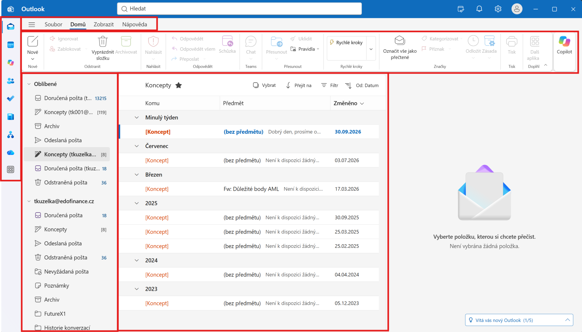 Outlook New – hlavní okno se zvýrazněnými ovládacími prvky - Microsoft Outlook