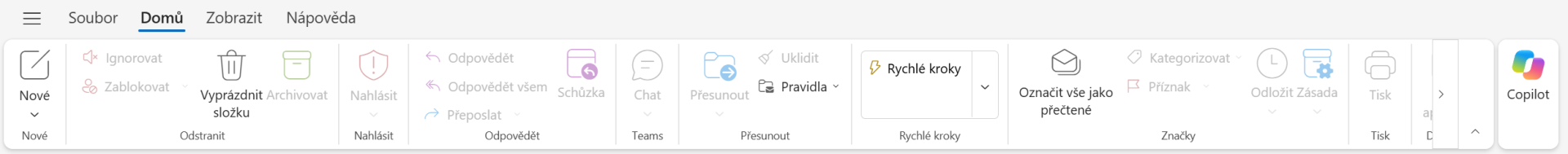Outlook New – pás karet na kartě Domů - Microsoft Outlook