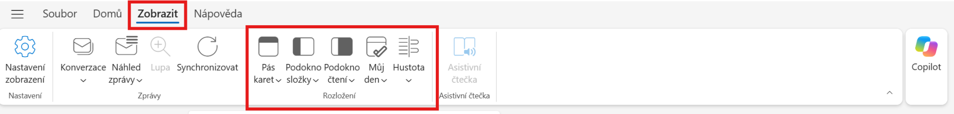 Outlook New – možnosti rozložení okna na kartě Zobrazit - Microsoft Outlook