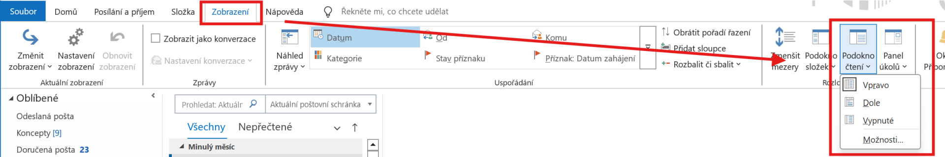 Outlook Classic – nastavení podokna čtení na kartě Zobrazení - Microsoft Outlook