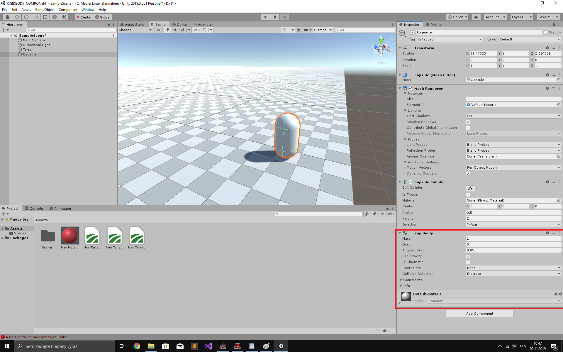 Přidání RIGIDBODY komponenty v Unity 3D - Tvorba 3D her v Unity