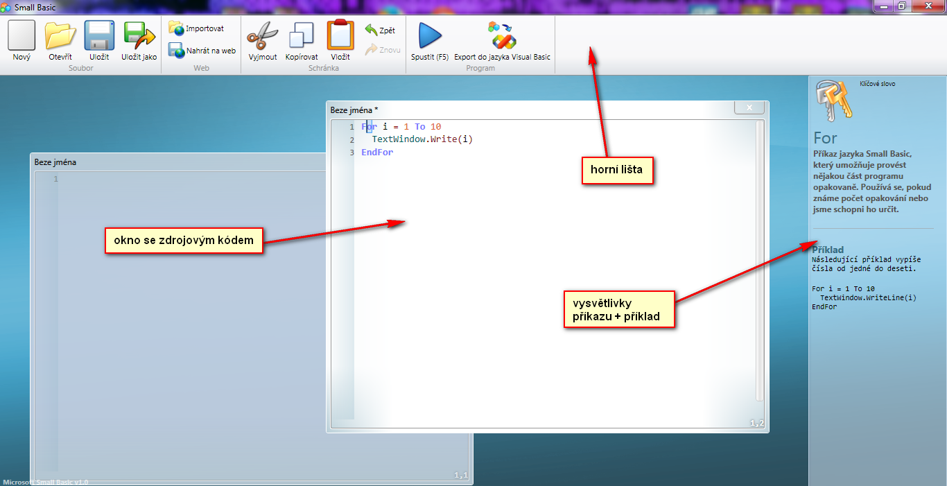 Popis Microsoft Small Basic IDE - SmallBasic