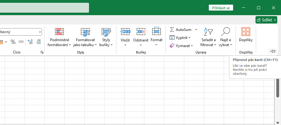 Připnout pás karet - Základy Microsoft Excel