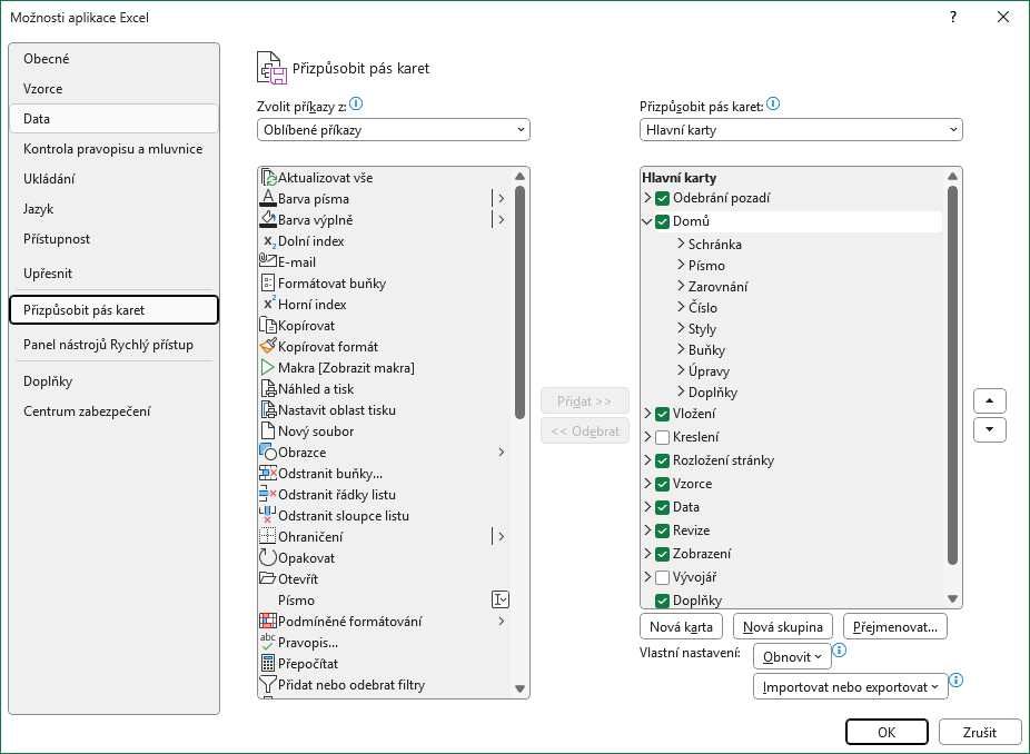 Úprava Pásu karet v Microsoft Excel - Základy Microsoft Excel