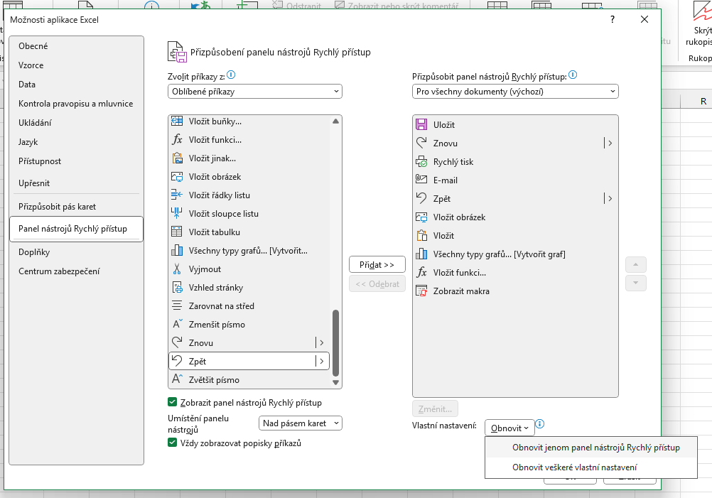 Nastavení panelu Rychlý přístup v aplikaci Microsoft Excel - Základy Microsoft Excel