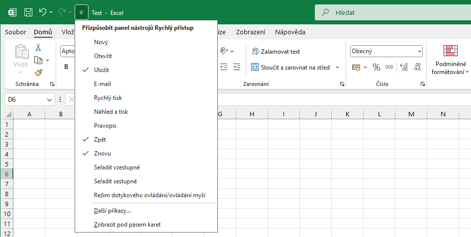 Přizpůsobení panelu rychlého přístupu v Microsoft Excel - Základy Microsoft Excel
