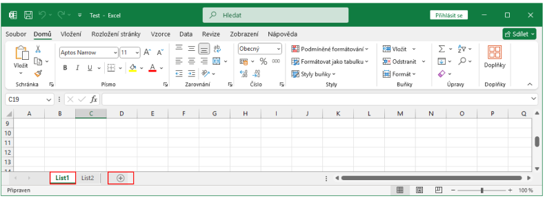 Tlačítko plus pro přidání nového listu - Základy Microsoft Excel