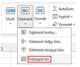 Nabídka odstranění listu na kartě Domů - Základy Microsoft Excel