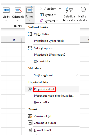 Nabídka přejmenování listu na kartě Domů - Základy Microsoft Excel