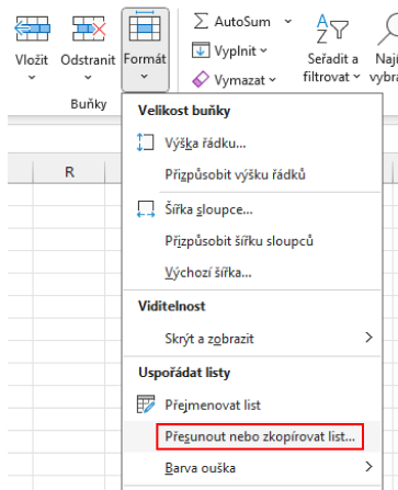Nabídka kopírování listu na kartě Domů - Základy Microsoft Excel