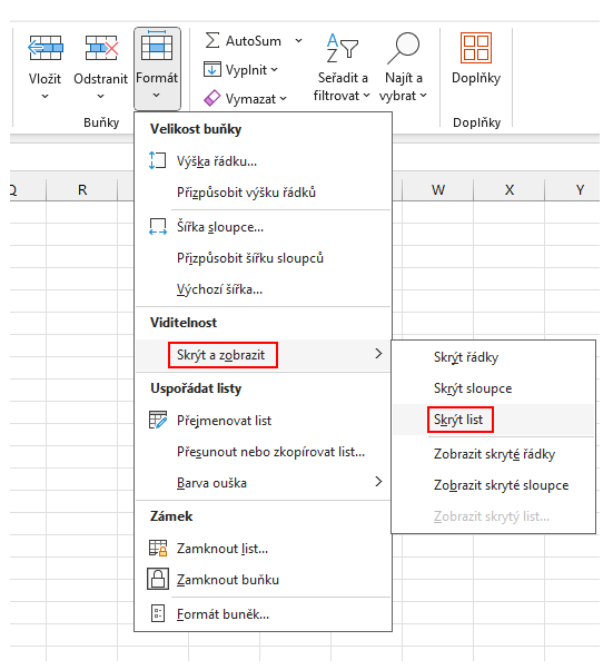Nabídka skrytí listu na kartě Domů - Základy Microsoft Excel