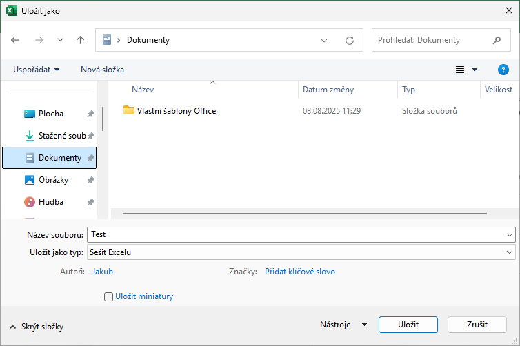 Uložení nového sešitu - Základy Microsoft Excel