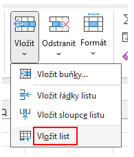 Nabídka vložit list na kartě Domů - Základy Microsoft Excel