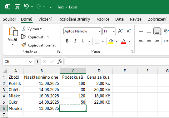 Ukázka kopírování záznamu s počtem kusů - Základy Microsoft Excel