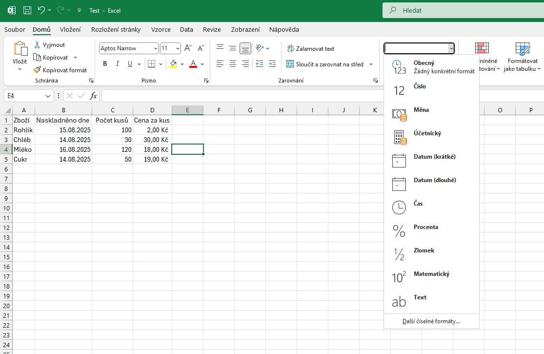 Možnost změny formátu buňky na kartě Domů - Základy Microsoft Excel