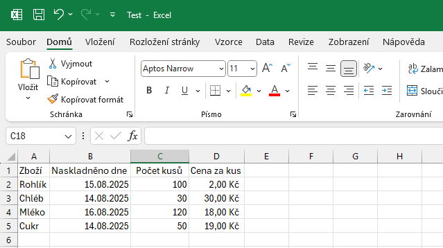 Ukázka tabulky pro evidenci zboží - Základy Microsoft Excel