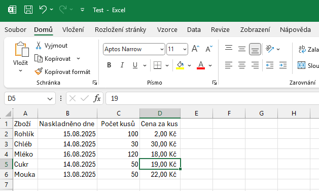 Ukázka tabulky pro evidenci zboží s doplněnými záznamy - Základy Microsoft Excel