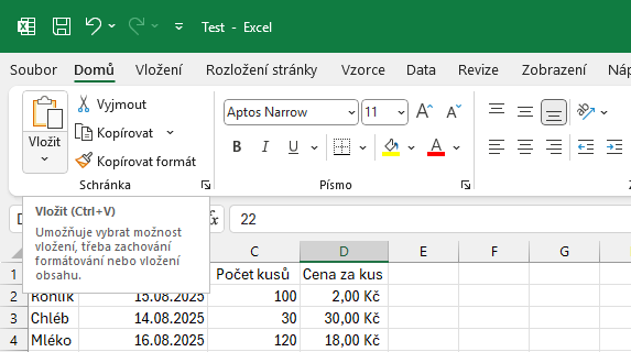 Nabídka vložení vyjmuté buňky na kartě Domů - Základy Microsoft Excel