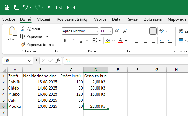 Ukázka přesunutí záznamu s cenou - Základy Microsoft Excel
