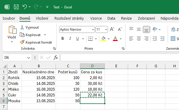 Ukázka vyjmutí záznamu s cenou - Základy Microsoft Excel