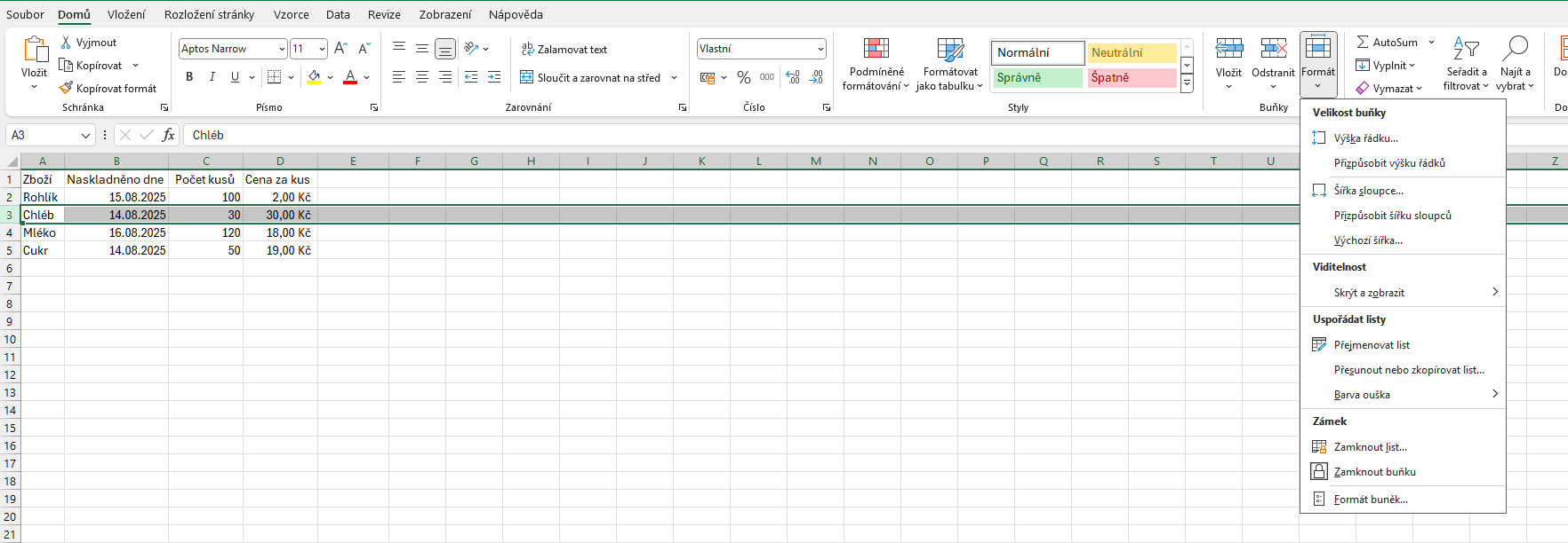 Zobrazení nabídky Formát - Základy Microsoft Excel