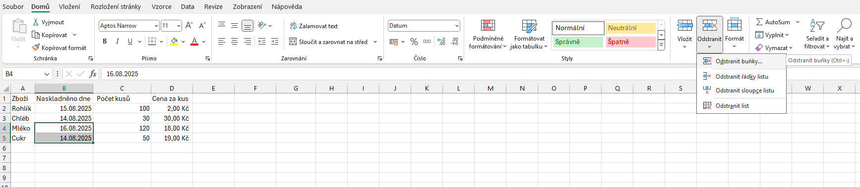 Možnost odstranění buněk na kartě Domů - Základy Microsoft Excel