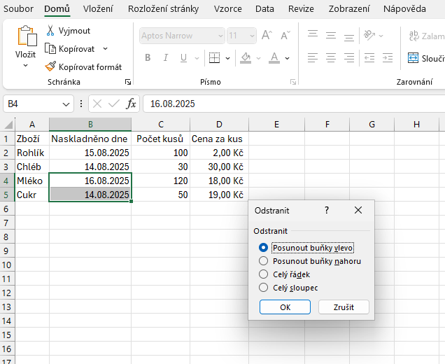 Volba posunutí buněk před odstraněním vybraných buněk - Základy Microsoft Excel