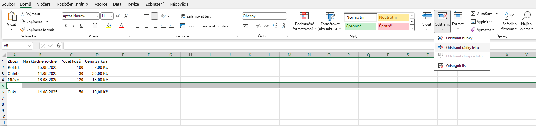 Nabídka odstranění řádku na kartě Domů - Základy Microsoft Excel