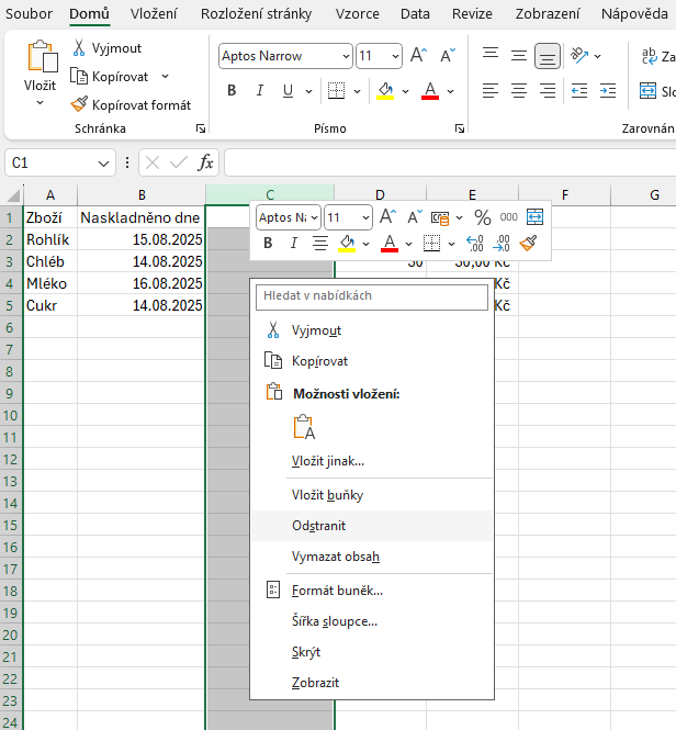 Ukázka odstranění sloupce pomocí pravého tlačítka myši - Základy Microsoft Excel