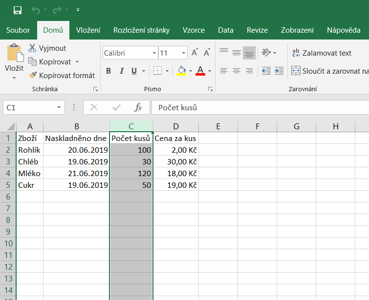 Co je sloupec v Excelu?