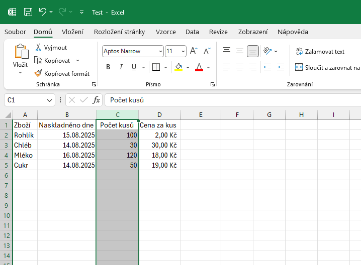 Ukázka označení sloupce - Základy Microsoft Excel